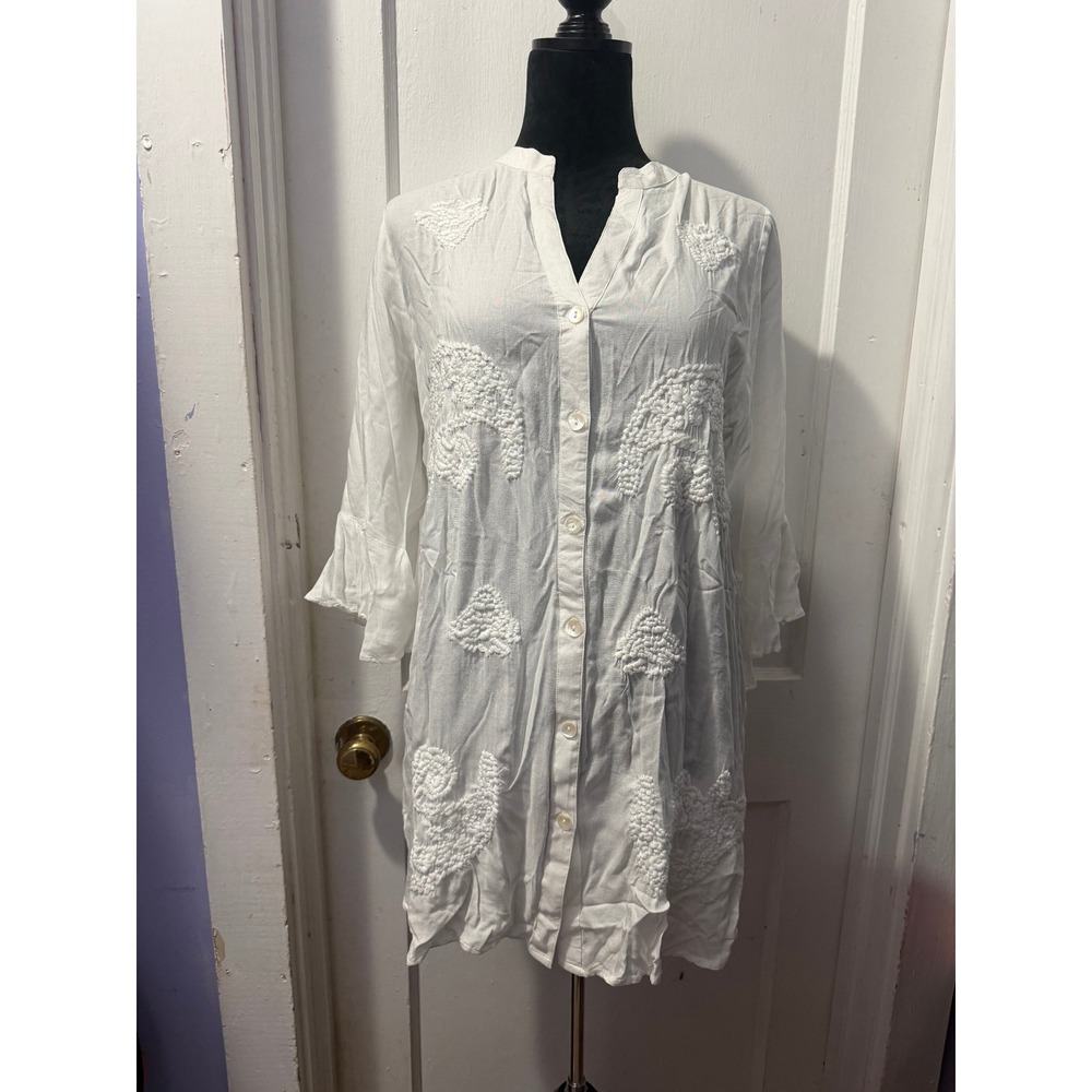 White Rayon Embroidered Button Down Tunic Top Long Sleeve Ruffle Cuff Medium